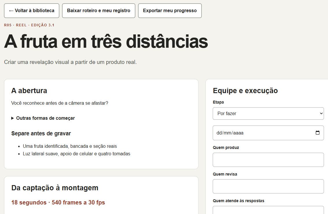 Captura real do roteiro R05 no caderno: abertura, materiais, cenas e campos de responsáveis.