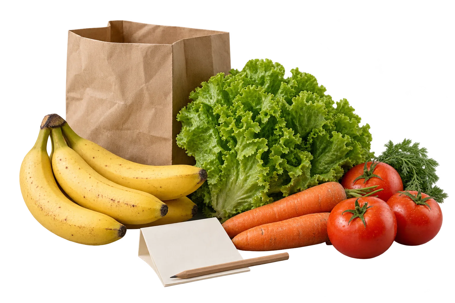 Composição ilustrativa de compras: bananas, alface, tomates, cenouras e uma lista, com recorte transparente integrado à página.